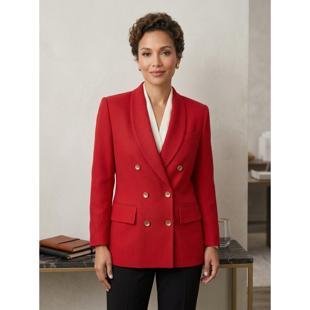 Double Breasted Shawl Kasper Red Woven Blazer Size 6P 6 Petite